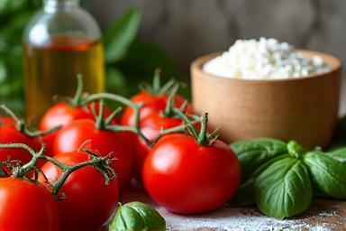 Assorted pizza ingredients like tomatoes and mozzarella